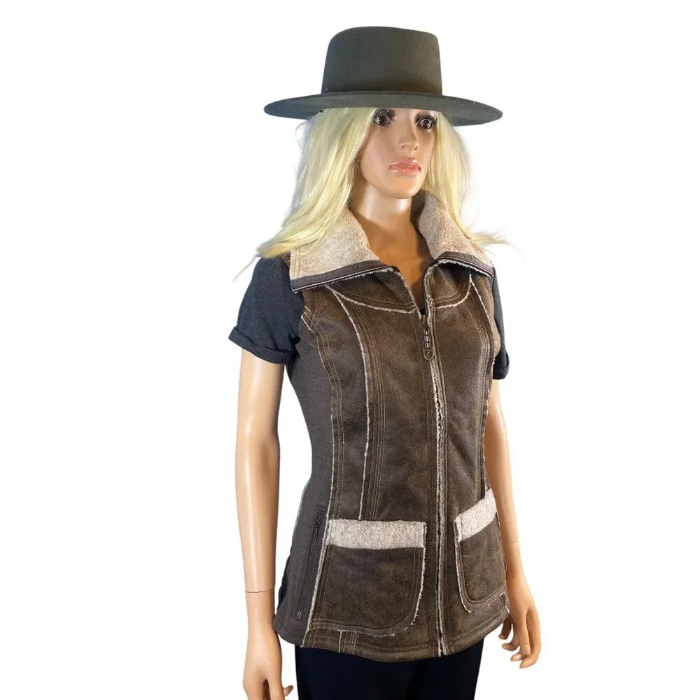 NWT KUHL Womens Dani Sherpa Vest Italian Faux Leather Shearling S Brown MSRP$219 - Picture 3 of 17